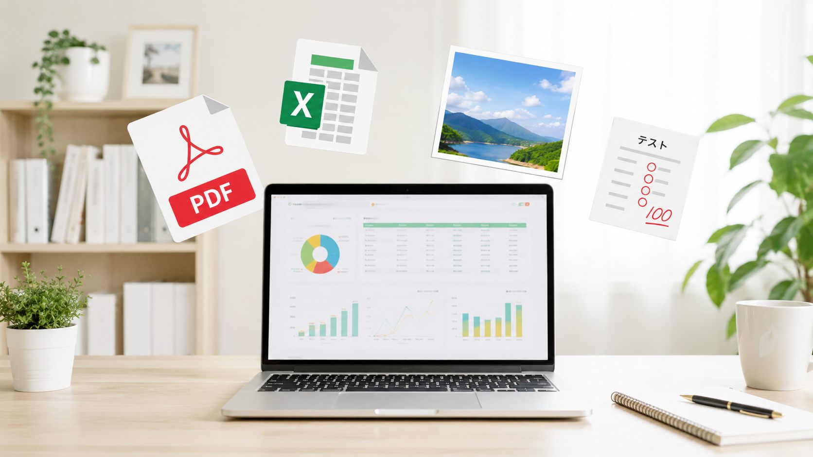 写真・PDF・Excel・テスト用紙など、さまざまな形式の資料をそのまま取り込む様子