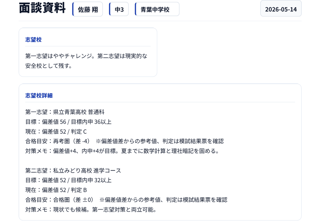 保護者面談用PDFのプレビュー